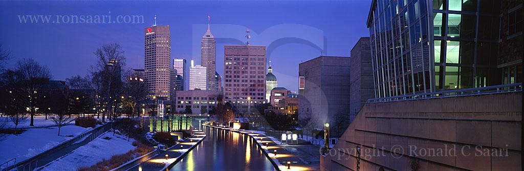 Indianapolis Skyline And Canal Walk At Dusk Panoramic